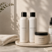 Hair care routine for color-treated hair featuring sulfate-free shampoo, conditioner, hair mask, heat protectant, and purple shampoo in a minimalist, salon-inspired setting.