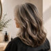Woman with a professional gray blending hair color technique, combining silver and brunette tones for a soft, natural transition.