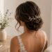 Back view of a bride with an elegant textured bridal updo and delicate hair accessory in a bright, minimalist setting, showcasing a timeless wedding hairstyle.