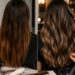 Box dye vs professional hair color comparison showing damaged, uneven color and glossy salon-colored hair.