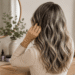 Woman with silver and gray blended hair following a home hair care routine
