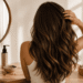 Woman caring for her long hair as part of a healthy hair growth routine